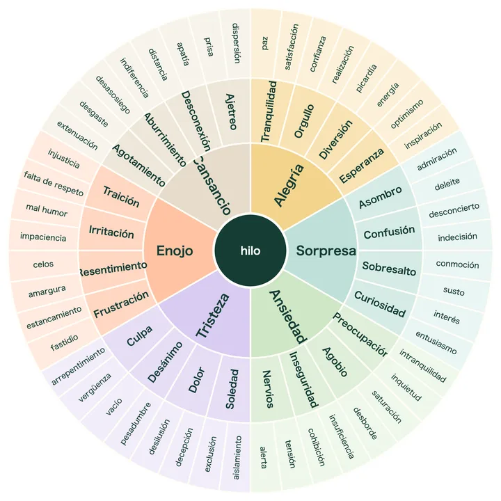 Rueda de las emociones para imprimir, con 6 emociones generales y 48 palabras concretas